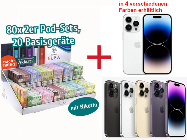 Aktion IPhone 14 PRO - 128 GB Silber + 20 Basisgeräte & 80x 2er Pod-Sets mit Nikotin - inkl. Verkaufsdisplay