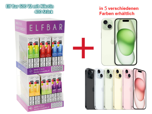 Aktion IPhone 15 - 512 GB Grün + 400x ELFBAR 600 V2 mit Niktoin & Leerdisplay