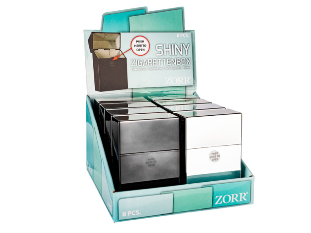 Zigarettenboxen "Shiny" Schwarz-Silber, 2-fach sortiert; 8er Display