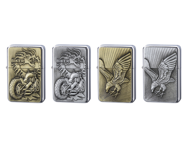 Benzinfeuerzeuge "Eagle & Bike"; 12er Display