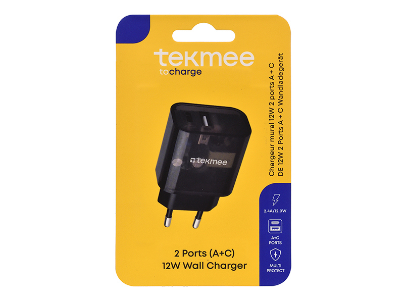 Tekmee Netzstecker 12W Type-C + USB, Wand Charger; transparent-dunkel 
