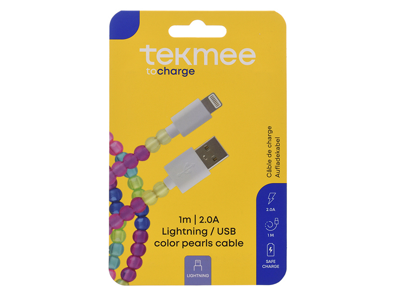 Tekmee Ladekabel USB-C auf Lightning, 2.0A; bunt, 1m; Perlenkabel