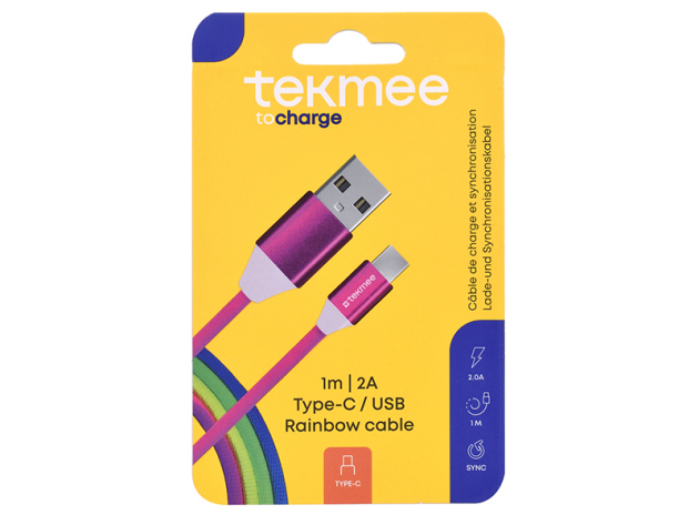 Tekmee Ladekabel USB-C aufType-C 2.0A; 1m, Rainbow; einzeln