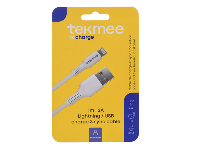 Tekmee Ladekabel Lightning auf USB, 1m; 2.0A, weiß