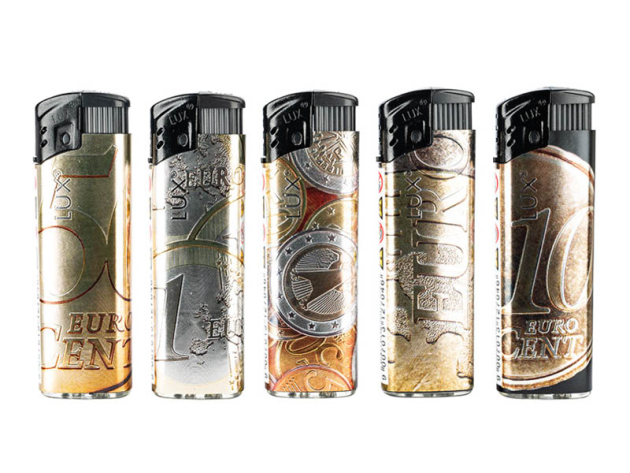 Sturmfeuerzeuge "Lux gold Euro" Turbo, 5-fach sortiert, 50er Display