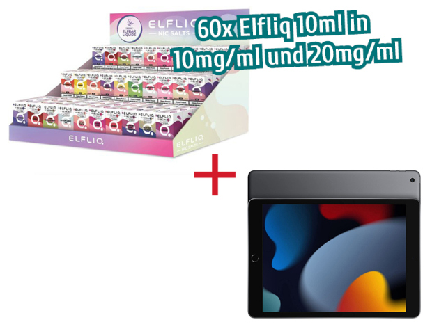 AKTION ELFBAR Elfliq - 60x á 10ml versch. Sorten 10mg/ml und 20mg/ml  & Display + Apple iPad 9. Gen. WiFi 64 GB