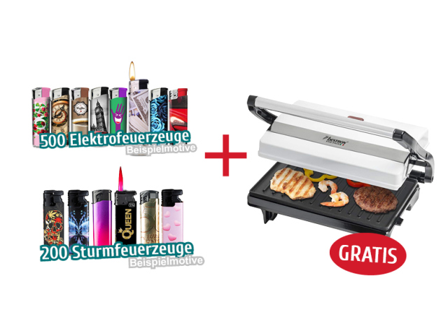 Aktion 500 Elektrofeuerzeuge + 200 Sturmfeuerzeuge + Bestron Kontaktgrill GRATIS