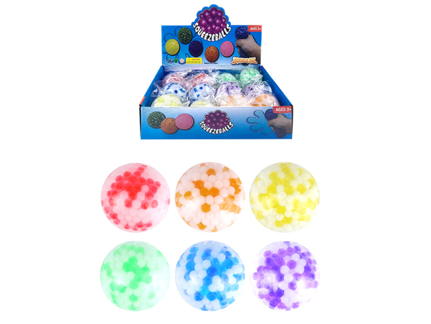 Squeezball mit Perlen zweifarbig; Ø 7cm, 6-fach sortiert, 12er Display