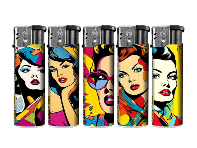 Elektrofeuerzeuge "POP ART WOMAN", 5-fach sortiert; 50er Display