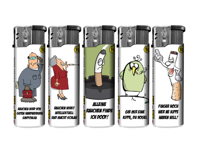 Elektrofeuerzeuge "PRO RAUCHER COMIC", 5-fach sortiert; 50er Display