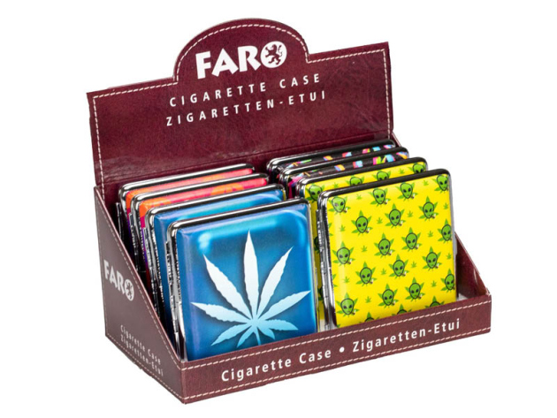 Zigarettenetui "Cannabis" Metall PU, für 20 Zig., mit Gummiband, 8er Display