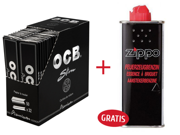 OCB KS Schwarz Premium Slim 50 Hefte je 32 Blatt + Zippo Benzin mit Kunststoff-Ventil, 125ml