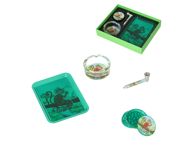 Raucher-Set "Monkey King" Grinder+Pipe+Ascher+Tray - Grün