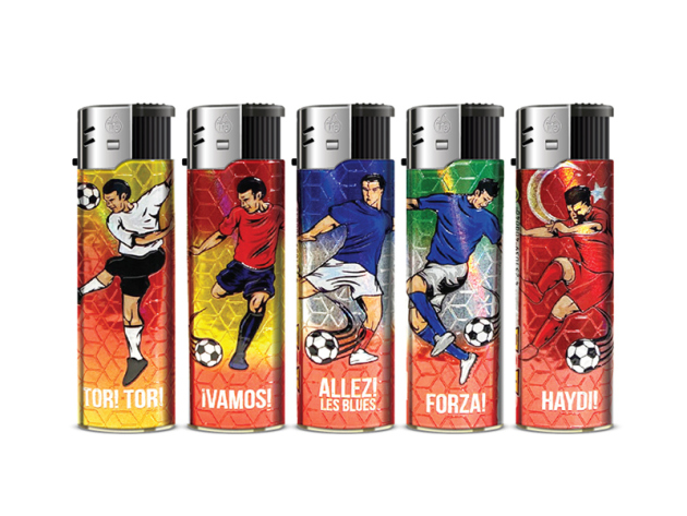 Elektrofeuerzeuge "FOOTBALL", 5-fach sortiert, 50er Display