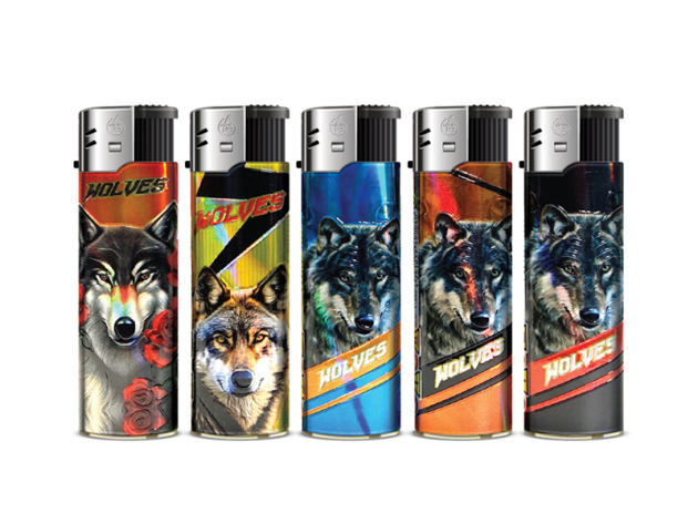 Elektrofeuerzeuge "WOLVES PACK", 5-fach sortiert, 50er Display