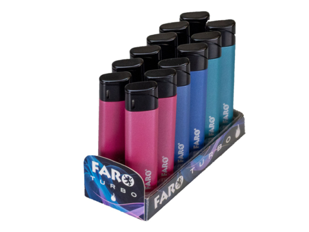 Sturmfeuerzeuge "Faro" matt, Turbo-Flame, 3-fach sortiert, 12er Display