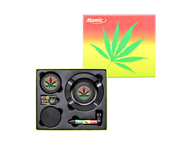 Raucher-Set "Leaf" Grinder+Pipe+Ascher+Siebe - schwarz-bunt