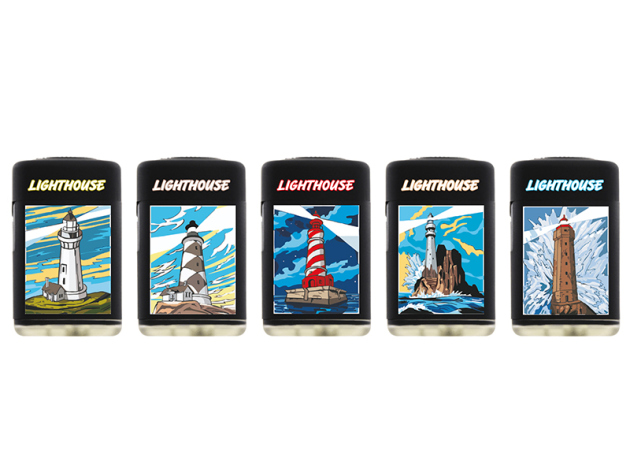 Elektrofeuerzeuge "Lighthouse" Scuba Rubber, Jetflame, 5-fach sortiert; 25er Display