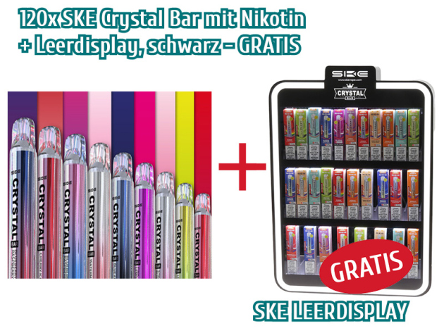 AKTION - 120x SKE Crystal Bar mit Nikotin + Leerdisplay Kunststoff, Beleuchtung, 3 Fächer, Schloss - GRATIS