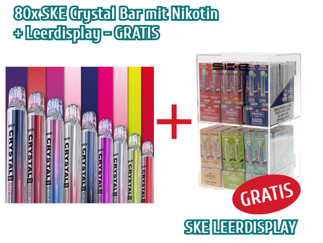 AKTION - 80x SKE Crystal Bar mit Nikotin + Leerdisplay Kunststoff, 2 Fächer, Schloss -  GRATIS