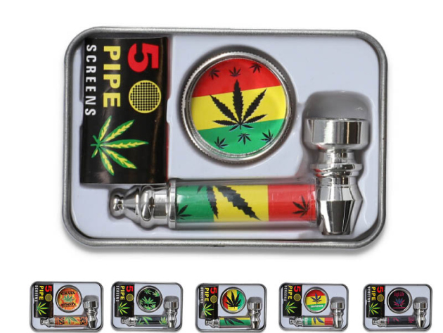 Handpfeifen-Set "Weed Leave", mit Pfeife, Grinder, Siebe, 6-fach sortiert