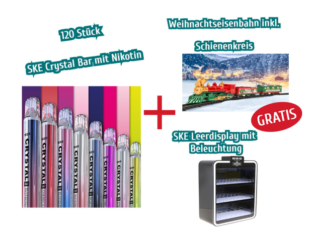 AKTION - 120x SKE Crystal Bar mit Nikotin + Leerdisplay Kunststoff + Weihnachtseisenbahn GRATIS