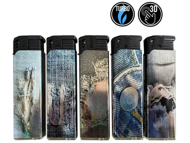 Sturmfeuerzeuge "Blue Jeans", 3D-Alu-Motiv, Turbo-Flame, 5-fach sortiert, 50er Display