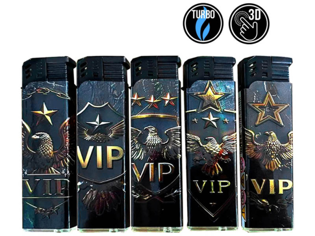 Sturmfeuerzeuge "You are VIP", 3D-Alu-Motiv, Turbo-Flame, 5-fach sortiert, 50er Display