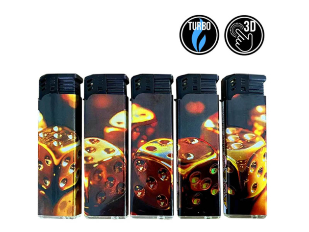 Sturmfeuerzeuge "Golden Dice", 3D-Alu-Motiv, Turbo-Flame, 5-fach sortiert, 50er Display