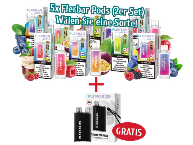 Aktion Flerbar - 5x 2er Pod-Sets mit Nikotin + Flerbar Basisgerät Black GRATIS