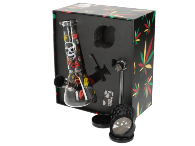 Glasbong Set - Mini Bong Ice + Metallgrinder 4tlg. Ø5cm + Glaspfeife mit Siebe