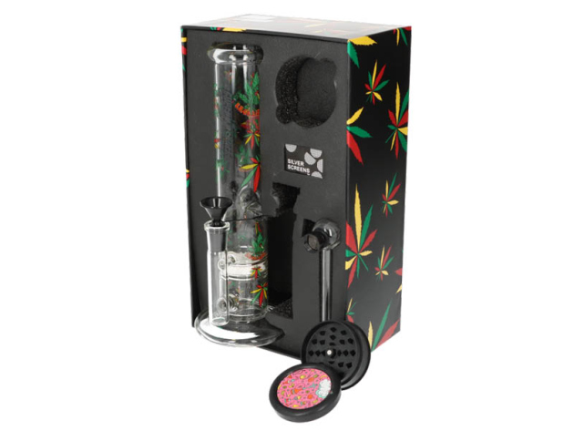 Glasbong Set - Mini Bong Ice + Plastikgrinder 3tlg. Ø5cm + Glaspfeife mit Siebe