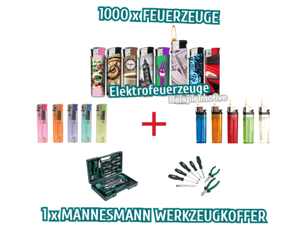 1000 Feuerzeuge + Brüder Mannesmann Werkzeugkoffer M29032, 47-teilig