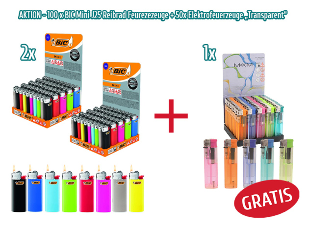 AKTION 100x Mini J25 Reibradfeuerzeuge +  50x Elektrofeuerzeuge "Transparent" GRATIS