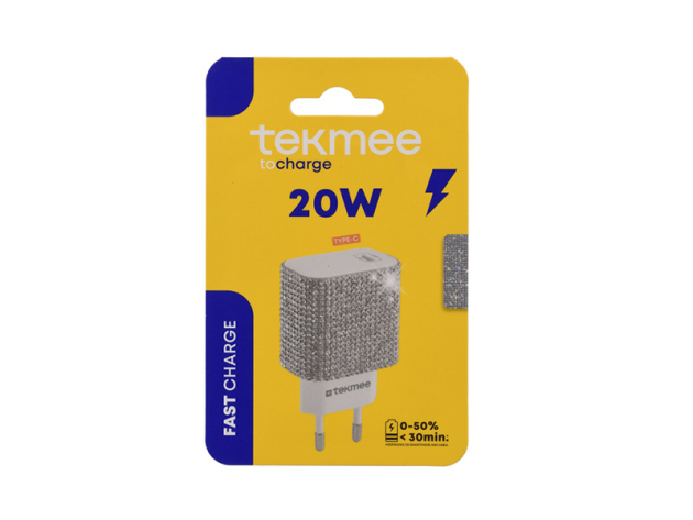 Tekmee Netzstecker Type-C,  20W, Wand Charger; weiß mit Strasssteinen