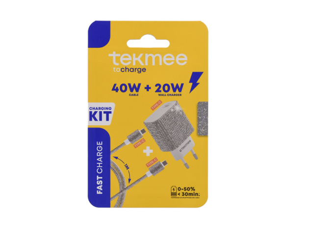Tekmee Ladekabel, 1m; Type-C auf Type-C, 40W + 20W Netzstecker mit Strasssteinen