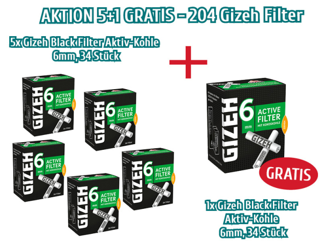 Aktion 5+1 - 5x Gizeh Black Filter Aktiv-Kohle 6mm, 34 Stück + 1x GRATIS