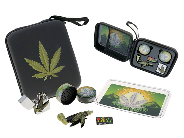 Handpfeifen-Set "Hanfblatt" mit Grinder, Pfeife, Siebe, Drehunterlage in einem Etui