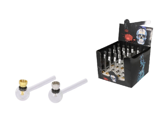 Glaspfeife "Super Heroes" Metallkopf silber- u. goldfarben, 12 cm, 24er Display