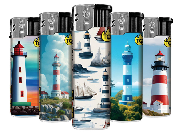 Elektrofeuerzeuge "LEUCHTTURM", 5-fach sortiert; 50er Display