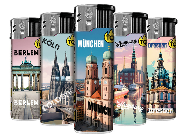 Elektrofeuerzeuge "DEUTSCHE STÄDTE", 5-fach sortiert; 50er Display