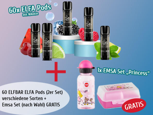 Aktion 60x ELFBAR ELFA Pods (versch. Sorten) + 1x Emsa Set "Princess" GRATIS