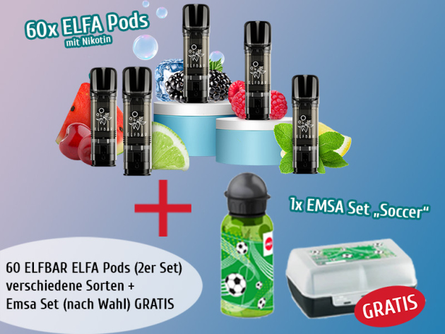 Aktion 60x ELFBAR ELFA Pods (versch. Sorten) + 1x Emsa Set "Soccer" GRATIS