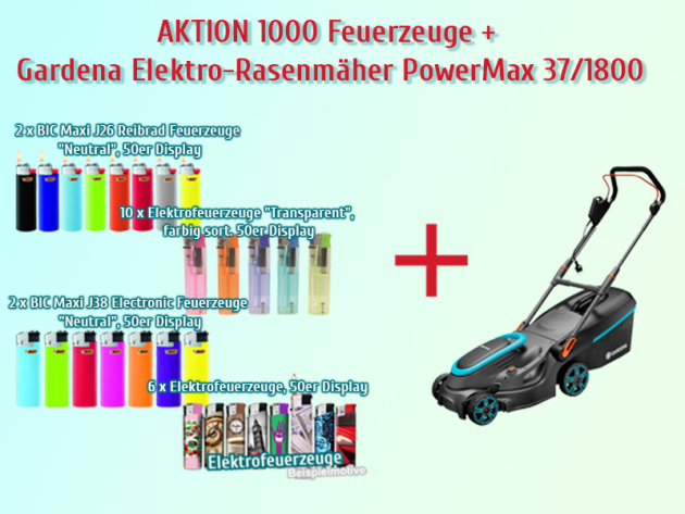 AKTION 1000 Stück Feuerzeuge + Gardena Elektro-Rasenmäher PowerMax 37/1800