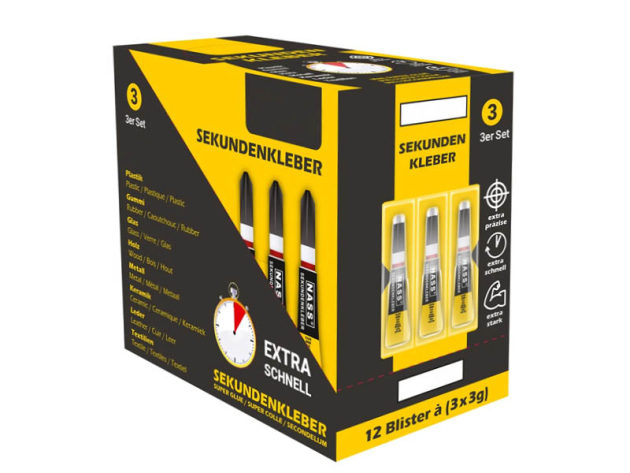 Sekundenkleber, 3er Set (3x3g), 12er Display
