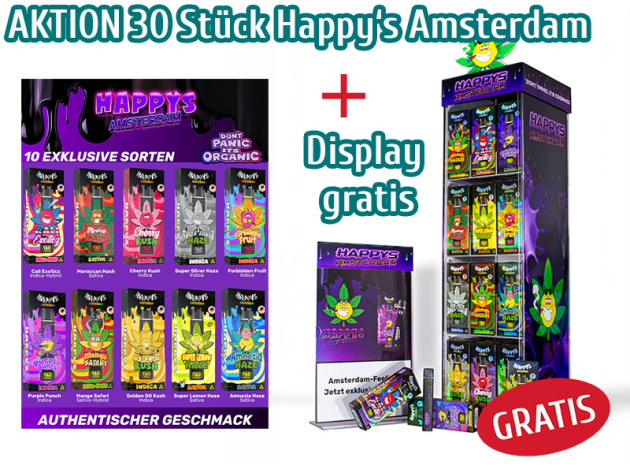 AKTION - 30x  Happys Amsterdam TAC Vape 1000mg  (versch. Sorten) + Display GRATIS