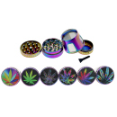 Grinder "Hanfblatt" regenbogenfarbig; 4-tlg.; 6-fach sort. mit Sichtfenster; Ø 45 mm; Höhe : 6,4 cm; einzeln