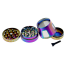 Grinder "Hanfblatt" regenbogenfarbig; 4-tlg.; 6-fach sort. mit Sichtfenster; Ø 45 mm; Höhe : 6,4 cm; einzeln