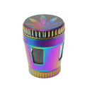 Grinder "Hanfblatt" regenbogenfarbig; 4-tlg.; 6-fach sort. mit Sichtfenster; Ø 45 mm; Höhe : 6,4 cm; einzeln