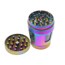 Grinder "Hanfblatt" regenbogenfarbig; 4-tlg.; 6-fach sort. mit Sichtfenster; Ø 45 mm; Höhe : 6,4 cm; einzeln